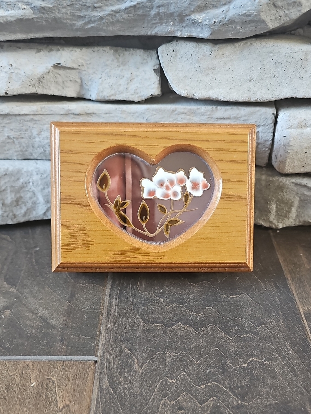 Vintage Heart Window Wood Trinket Box with Floral Inlay